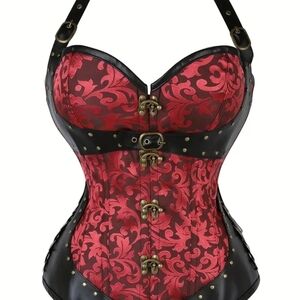 Red Brocade Halter Corset Camisole with Black Trim